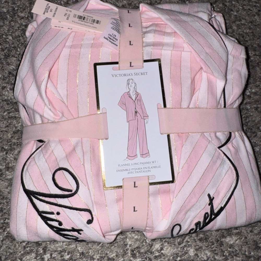 Victoria's Secret Pink & Gold Striped Flannel Pajama Set
